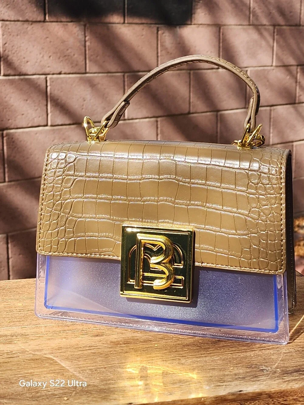Chic Women's Crocodile-Embossed Clear Taupe Top-Handle Bag